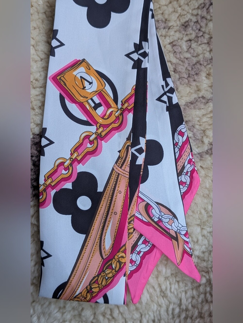 White and Pink Printed Scarf/ Twilly - Fashion-Forward Chain Motif